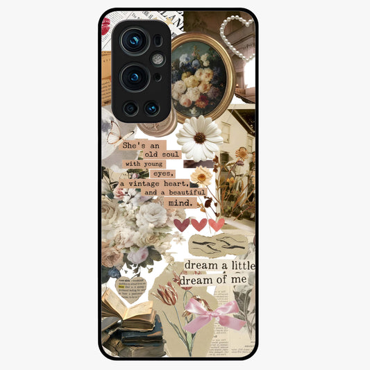 Aesthetic Brown Vintage Collage Glass Case showing flat back view with retro collage artwork and glossy glass finish.