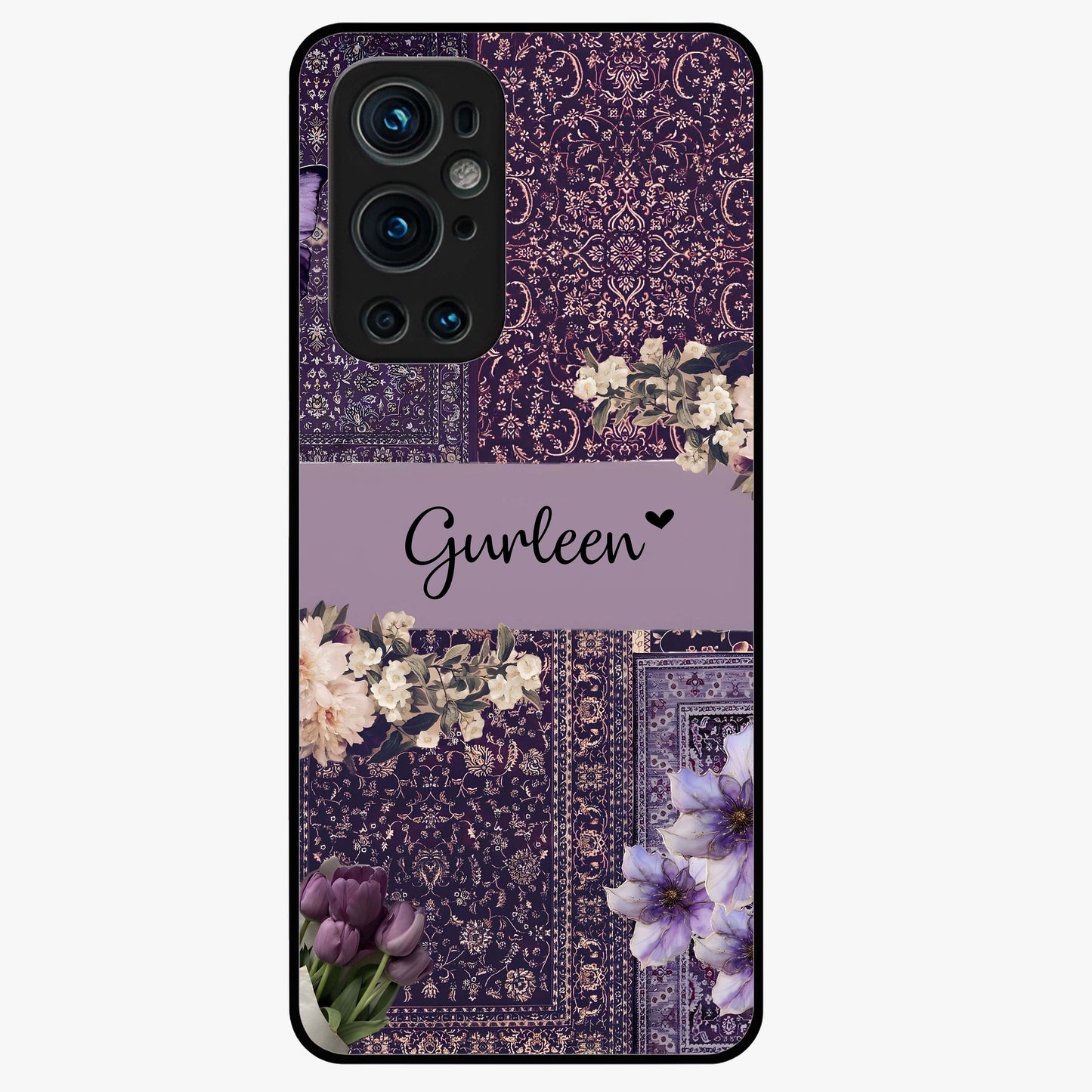 Antique Floral Whisper Custom Name Glass Case showing flat back view with vintage floral artwork and personalized name design.