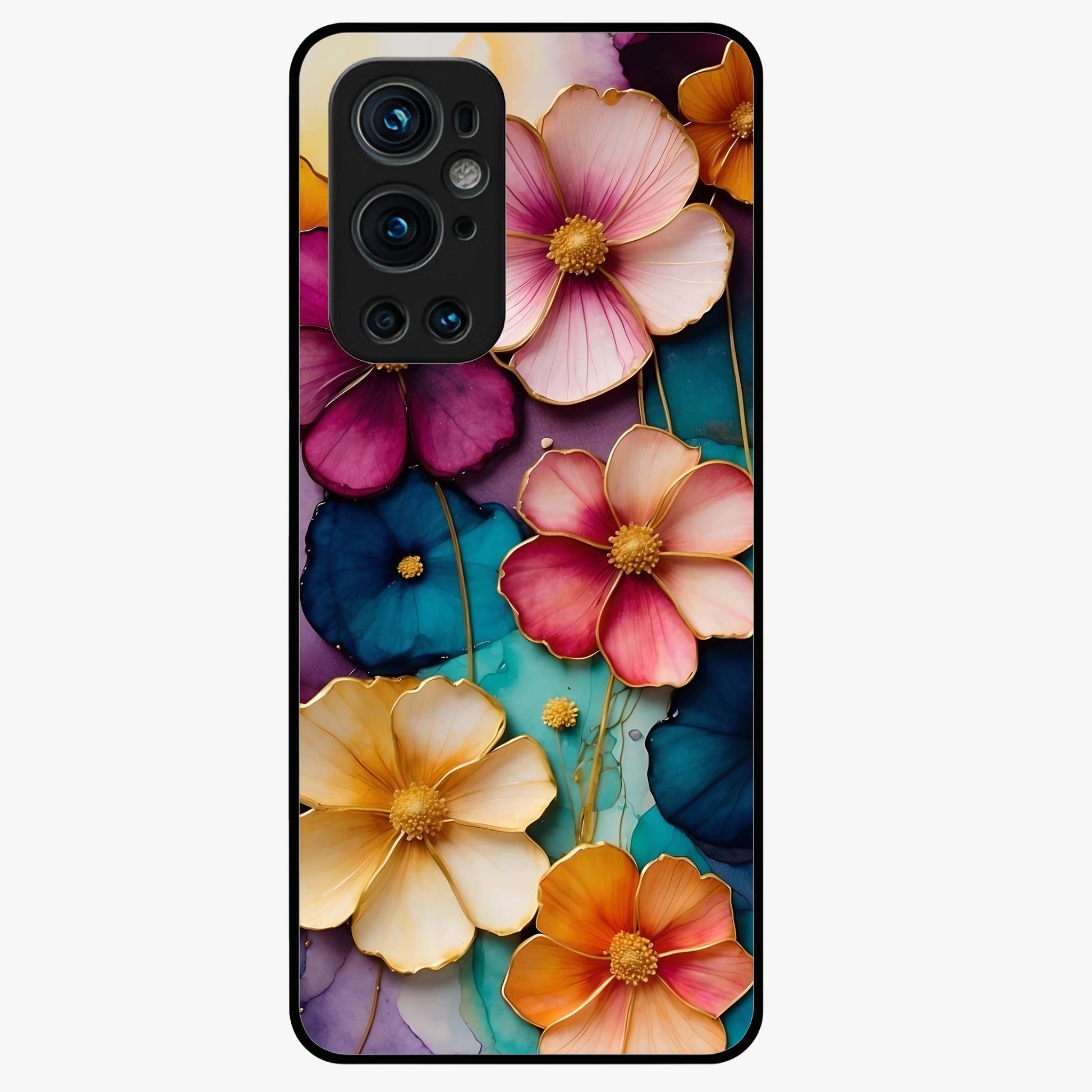 Artlyn Grace Flower Pattern Glass Case showing flat back view with elegant floral pattern artwork and glossy glass finish.