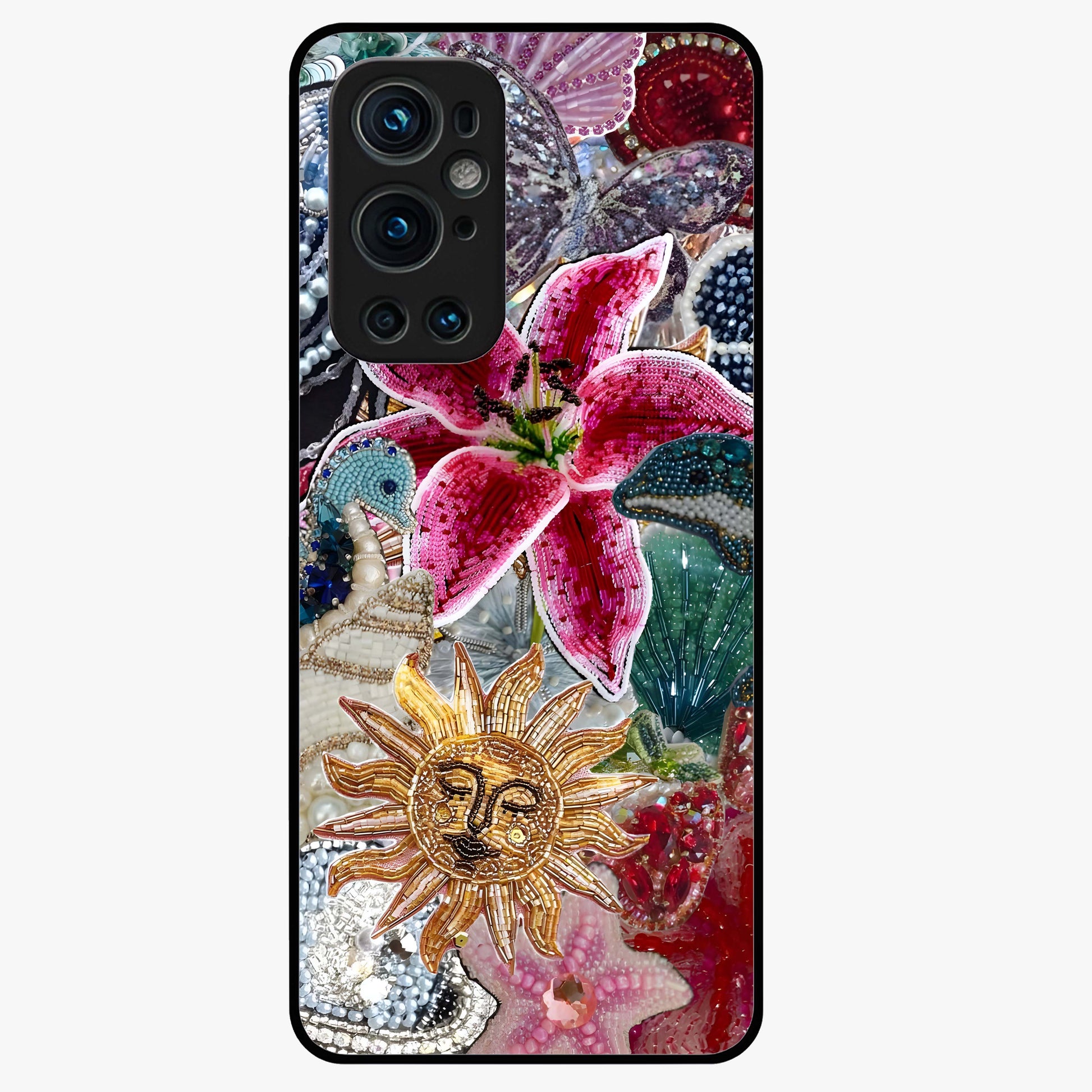 Beaded Garden Fantasy Glass Case showing flat back view with dreamy garden bead artwork and glossy glass finish.
