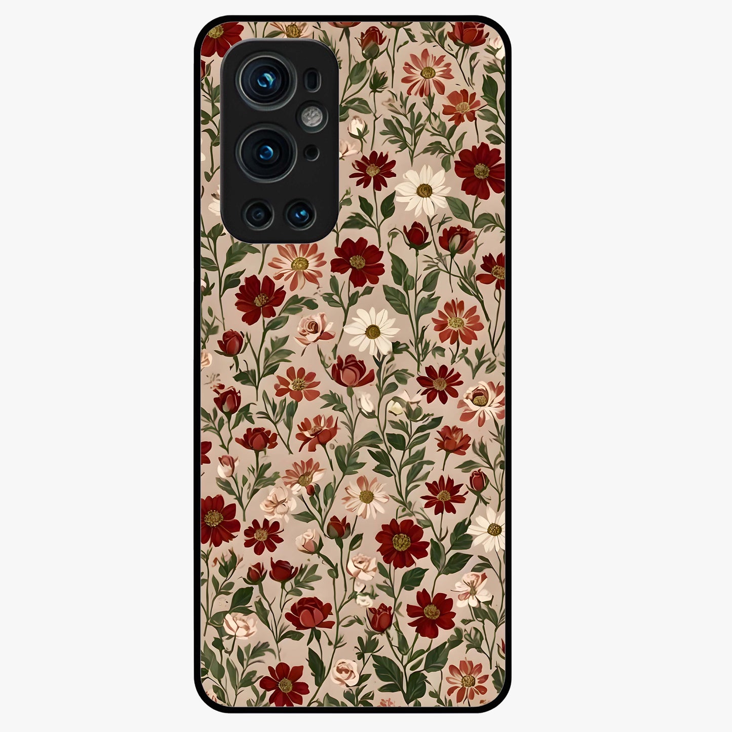 Biege Flower With Leaf Glass Case showing flat back view with soft beige floral artwork and glossy glass finish.