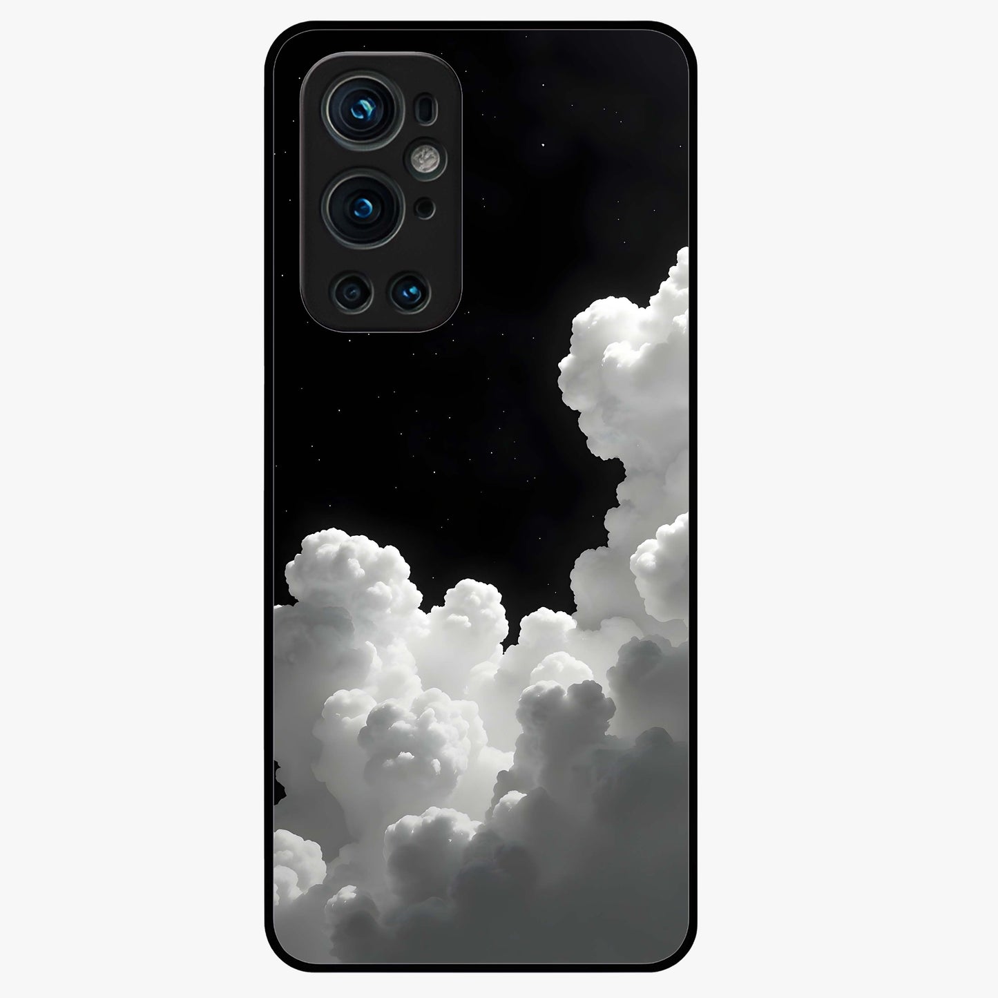 Black Background With White Cloud Glass Case showing flat back view with minimal cloud artwork on dark background and glossy glass finish.
