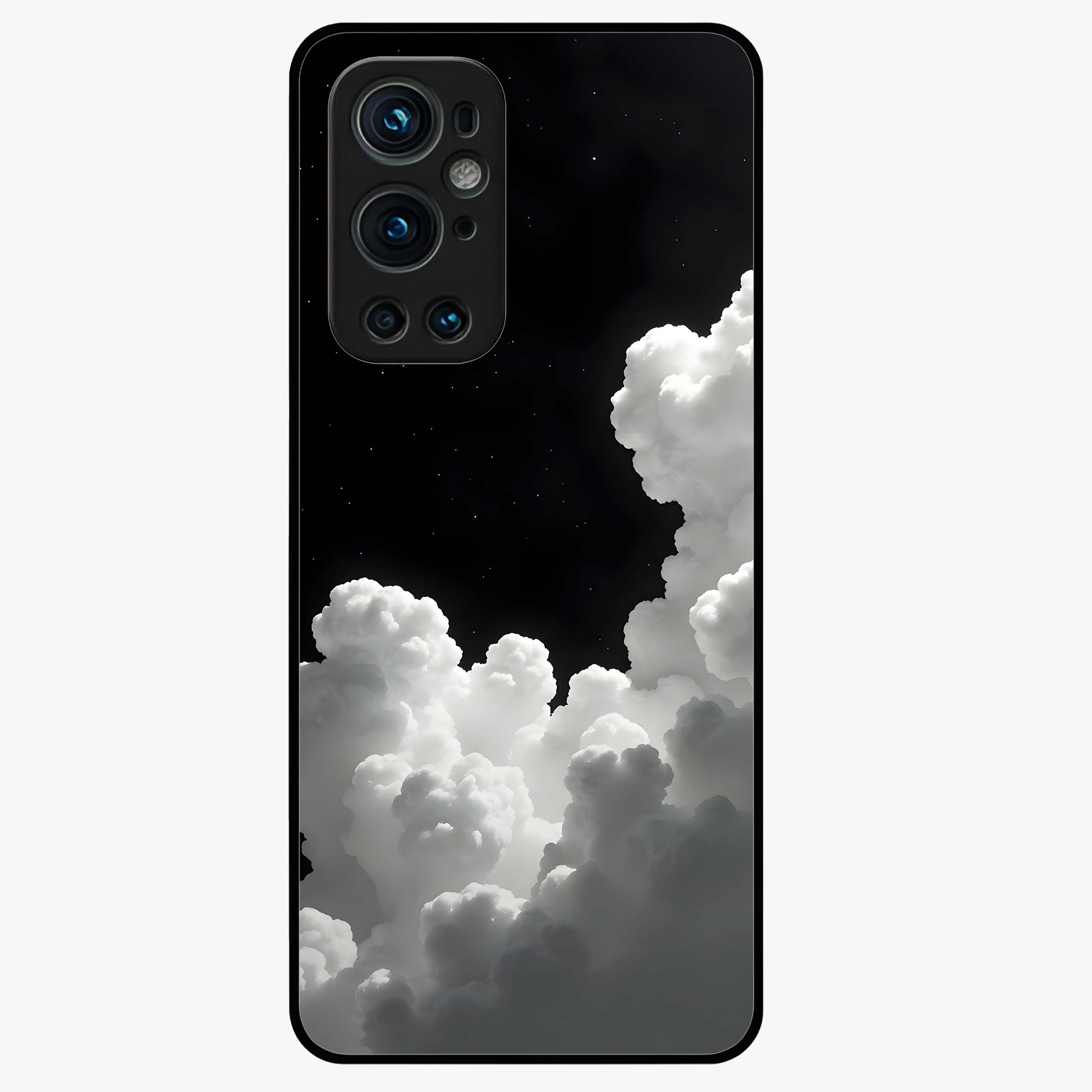 Black Background With White Cloud Glass Case showing flat back view with minimal cloud artwork on dark background and glossy glass finish.