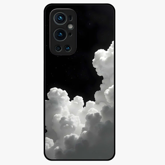 Black Background With White Cloud Glass Case showing flat back view with minimal cloud artwork on dark background and glossy glass finish.