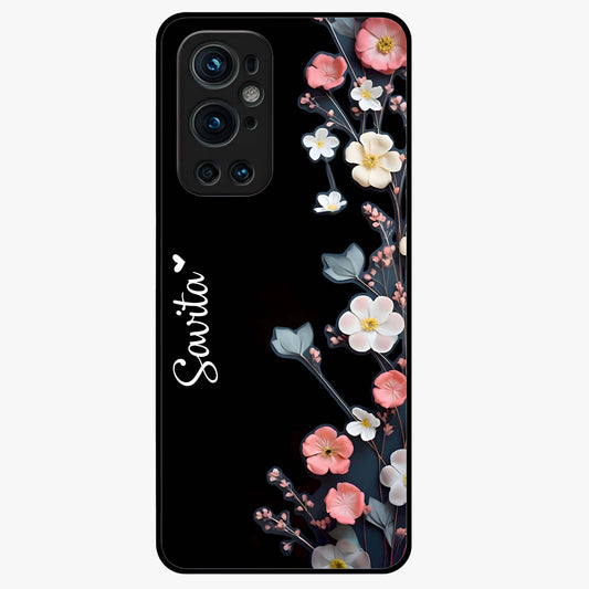 Black Elegance Floral Custom Name Glass Case showing flat back view with elegant floral artwork and personalized name design.