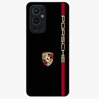 Black Minimal Porsche Glass Case showing flat back view with sleek minimal sports car artwork and glossy glass finish.