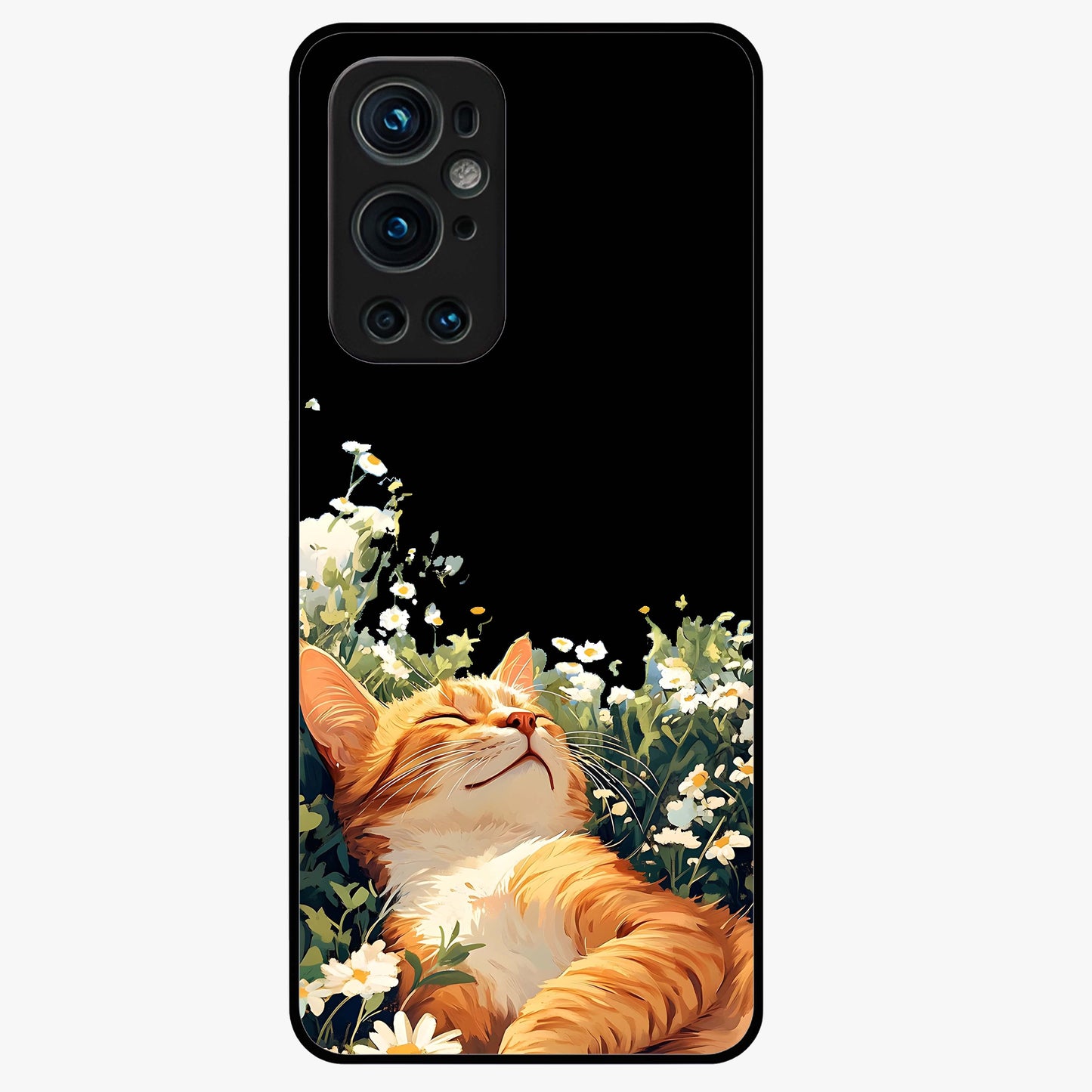 Blissful Bloom Cat Glass Case showing flat back view with cute cat and floral bloom artwork and glossy glass finish.