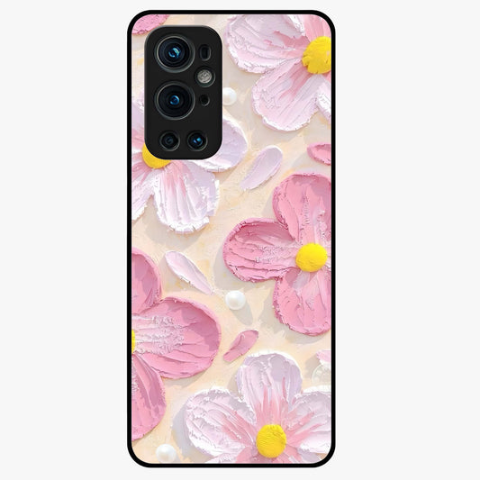 Blush Bloom Texture Glass Case showing flat back view with soft blush floral texture artwork and glossy glass finish.