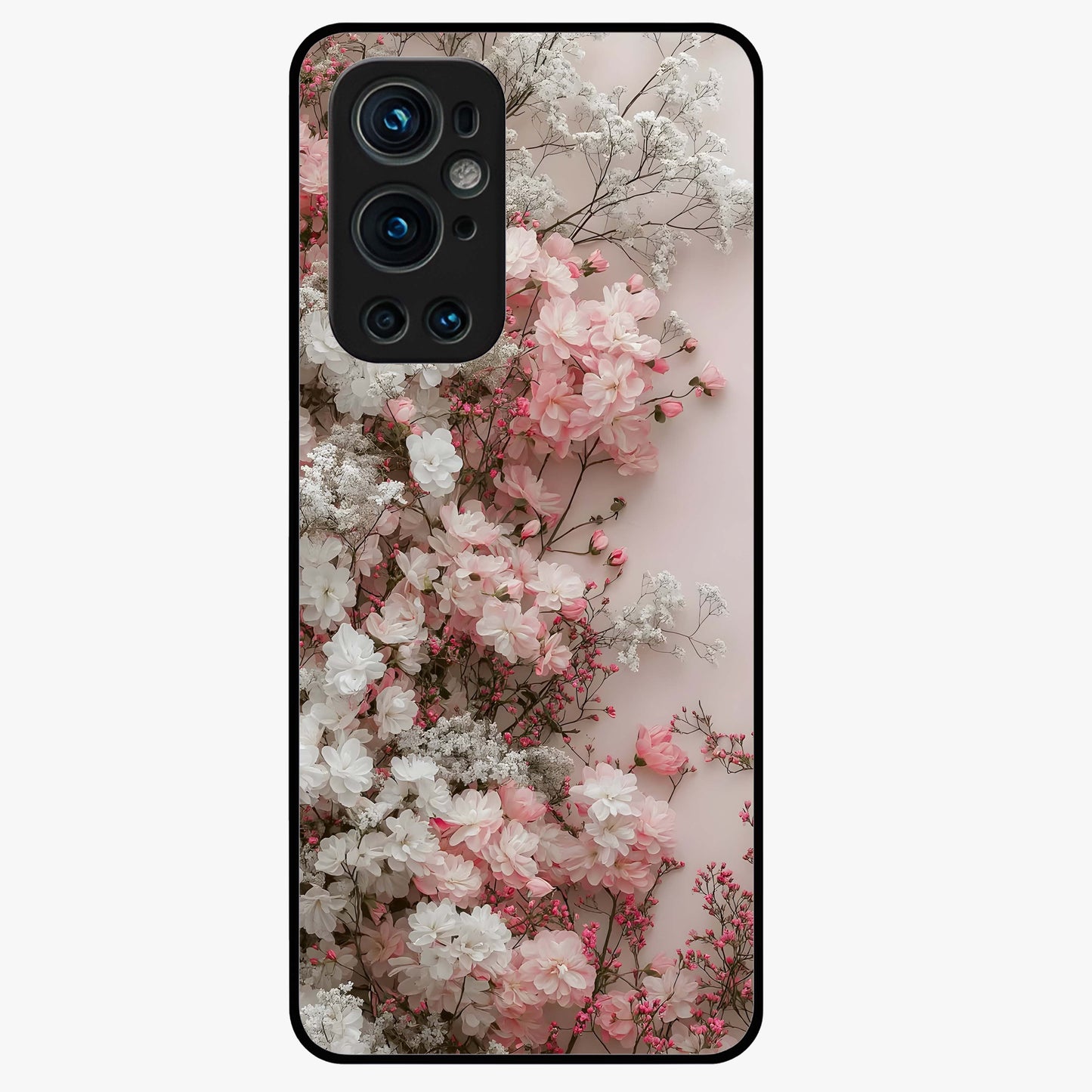 Blush Blossom Cloud Glass Case showing flat back view with dreamy blush cloud blossom artwork and glossy glass finish.