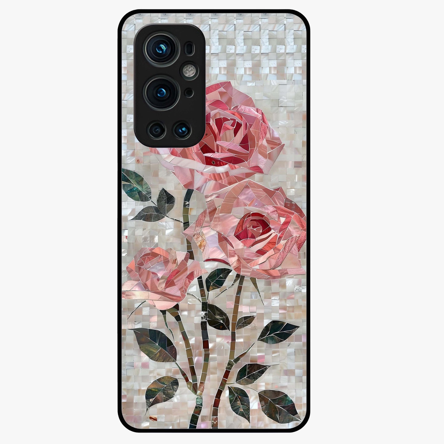 Blush Mosaic Bloom Glass Case showing flat back view with mosaic floral bloom artwork and glossy glass finish.