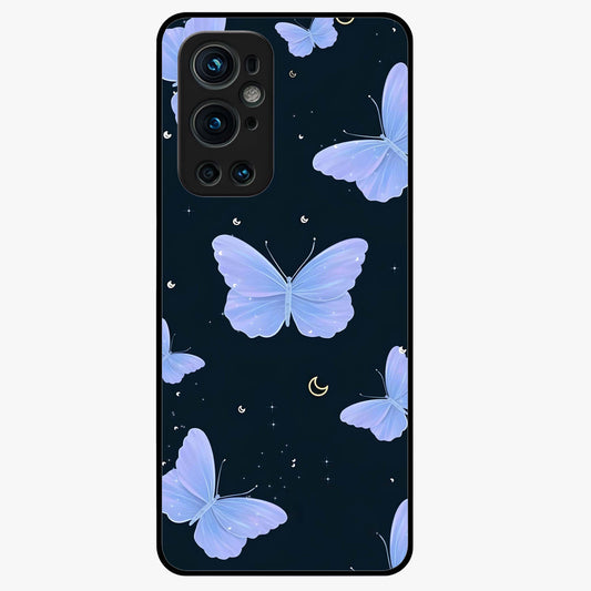 Butterfly With Stars Pattern Glass Case showing flat back view with butterfly and star pattern artwork and glossy glass finish.