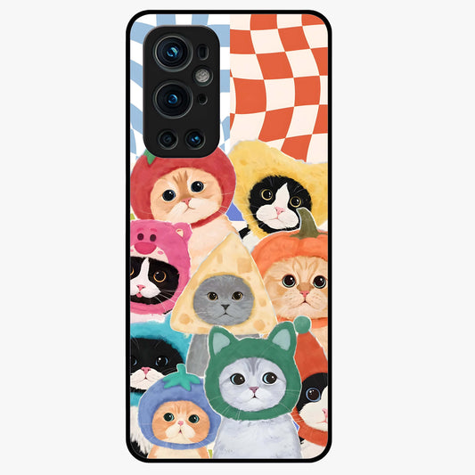 Cats in Fruits Glass Case showing flat back view with playful cat illustrations inside fruit artwork and glossy glass finish.