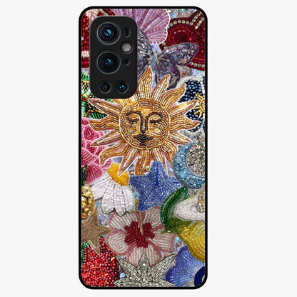 Celestial Floral and Playful Glass Case showing flat back view with floral and celestial themed artwork and glossy glass finish.