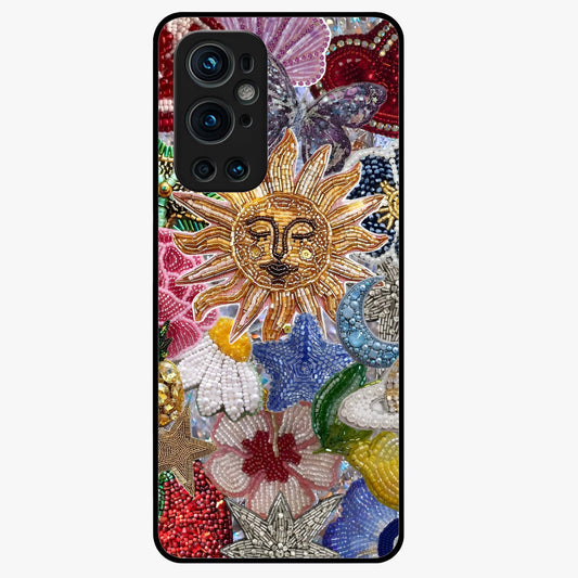 Celestial Floral and Playful Glass Case showing flat back view with floral and celestial themed artwork and glossy glass finish.