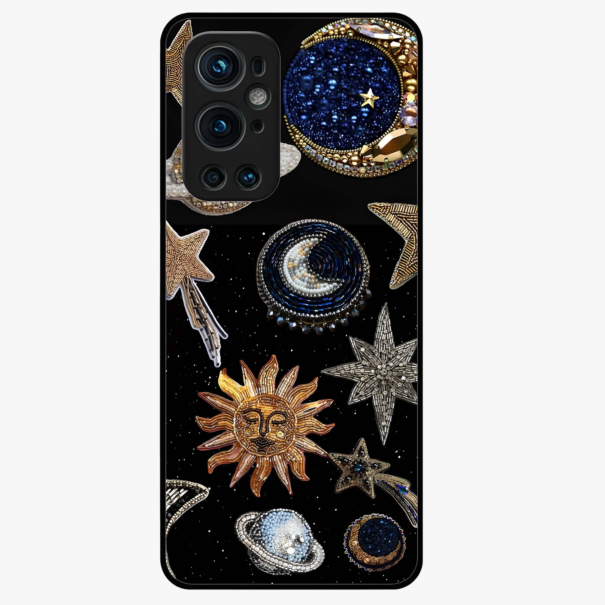 Celestial Gem Constellations Glass Case showing flat back view with sparkling constellation artwork and glossy glass finish.