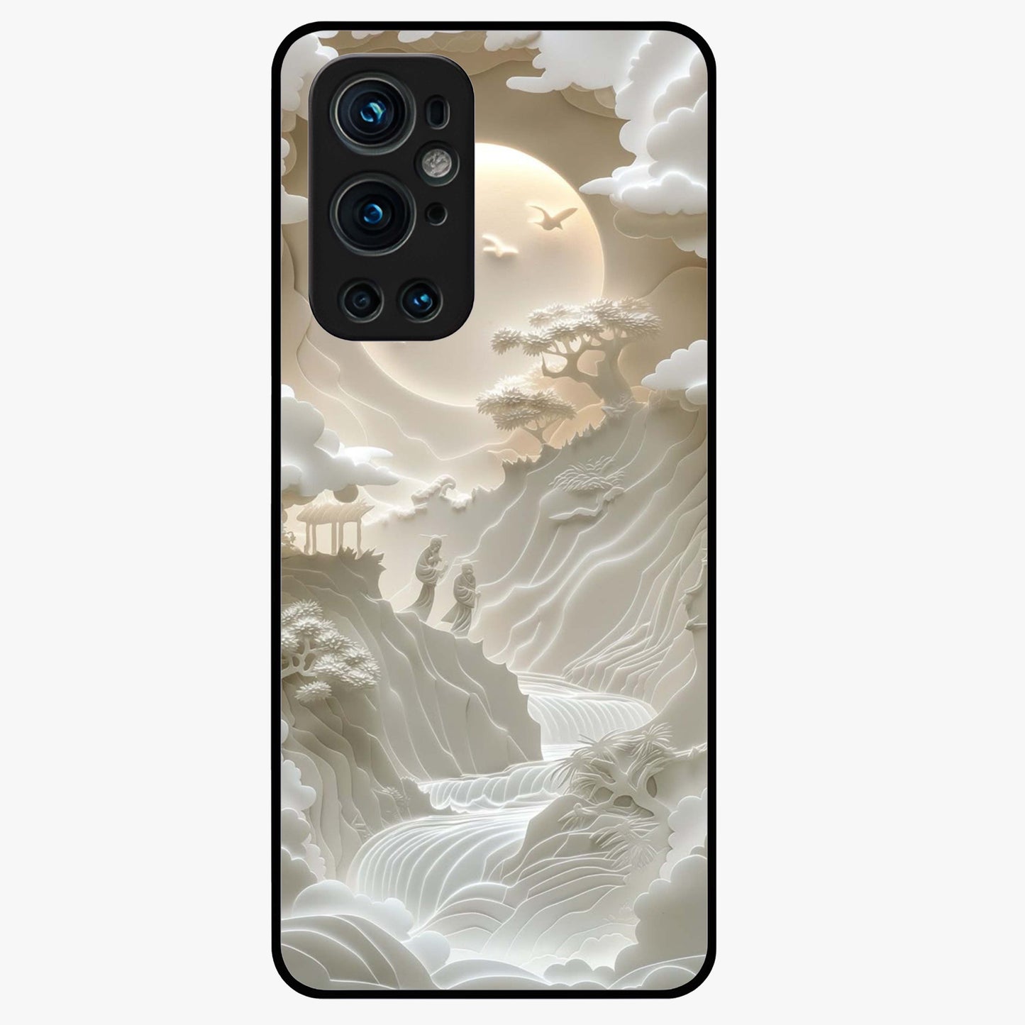 Celestial Origami Glass Case showing flat back view with artistic origami inspired celestial artwork and glossy glass finish.