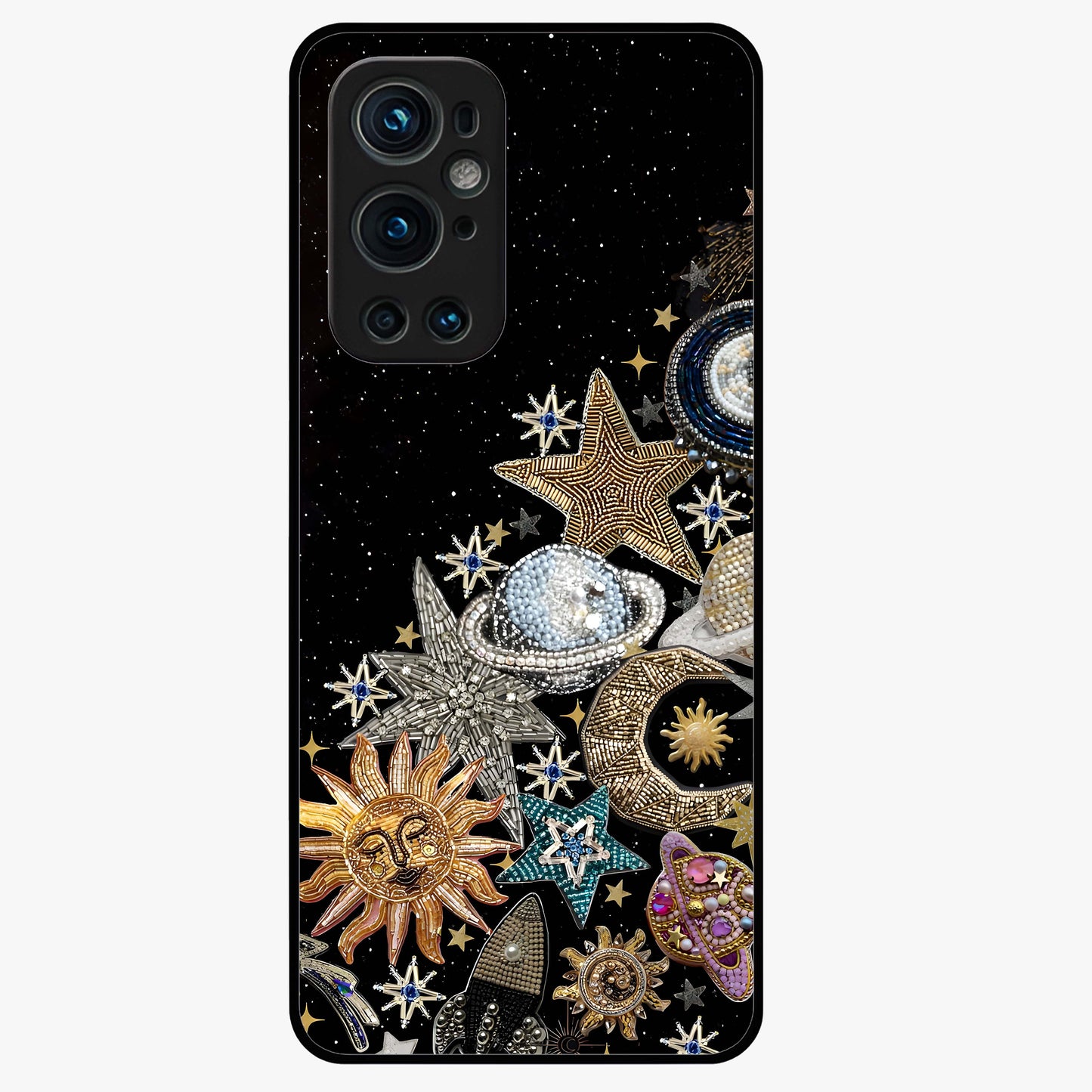 Cosmic Sparkle Dreams Glass Case showing flat back view with sparkling cosmic artwork and glossy glass finish.