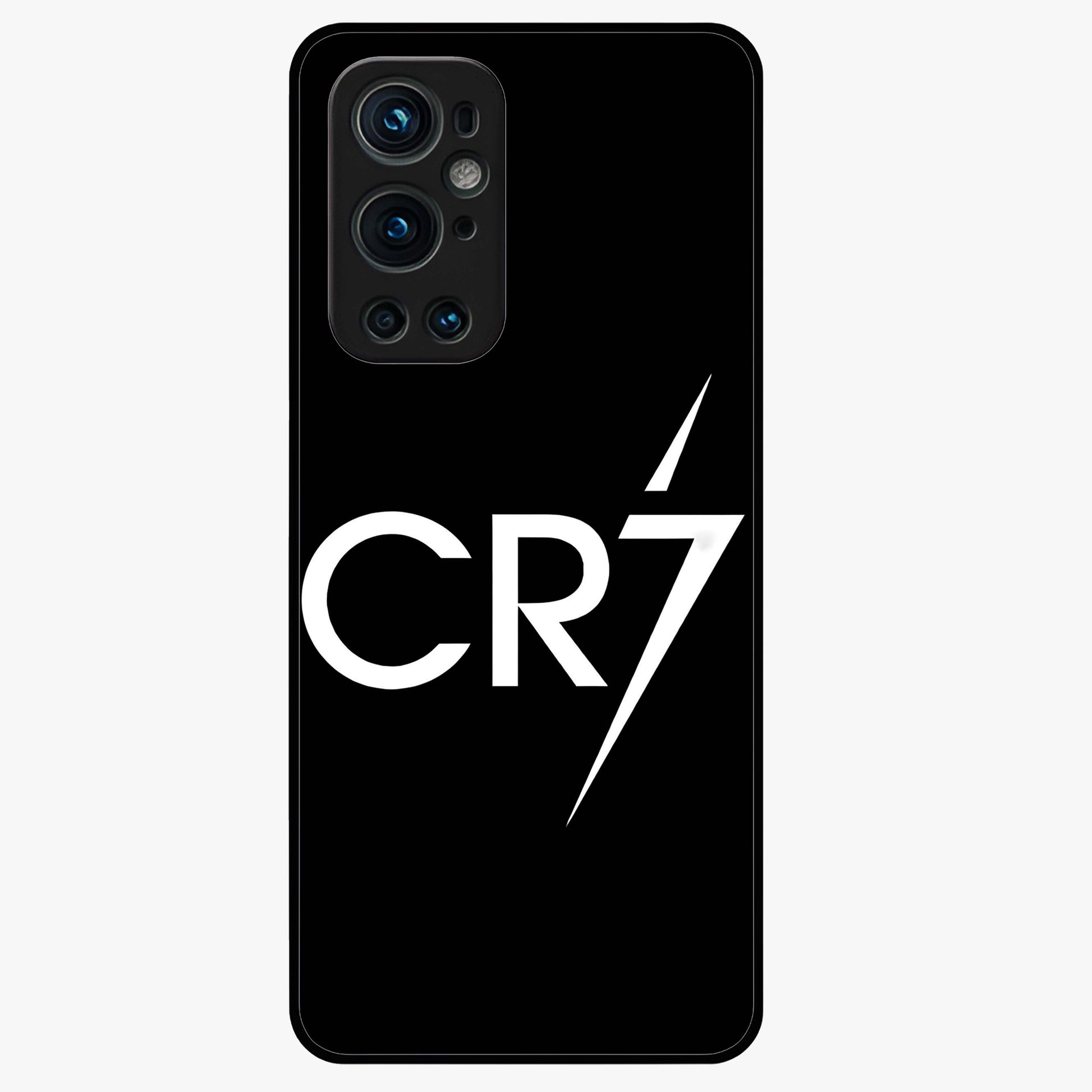 Cr7 Elite Strike Glass Case showing flat back view with dynamic football inspired artwork and glossy glass finish.
