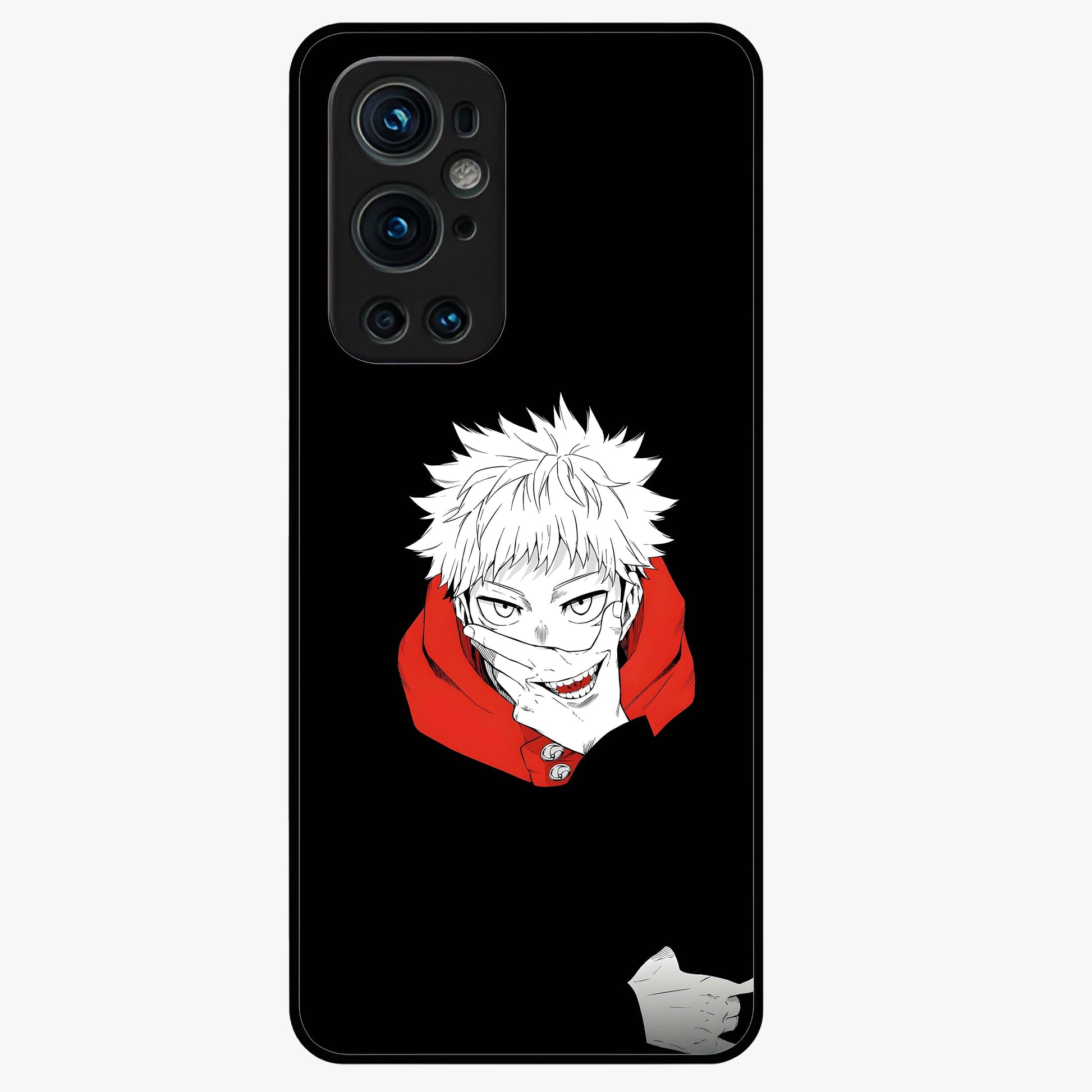 Crimson Chaos Smile Glass Case showing flat back view with bold chaotic smile artwork and glossy glass finish.