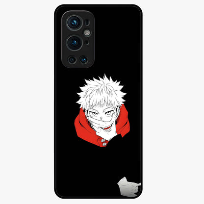 Crimson Chaos Smile Glass Case showing flat back view with bold chaotic smile artwork and glossy glass finish.