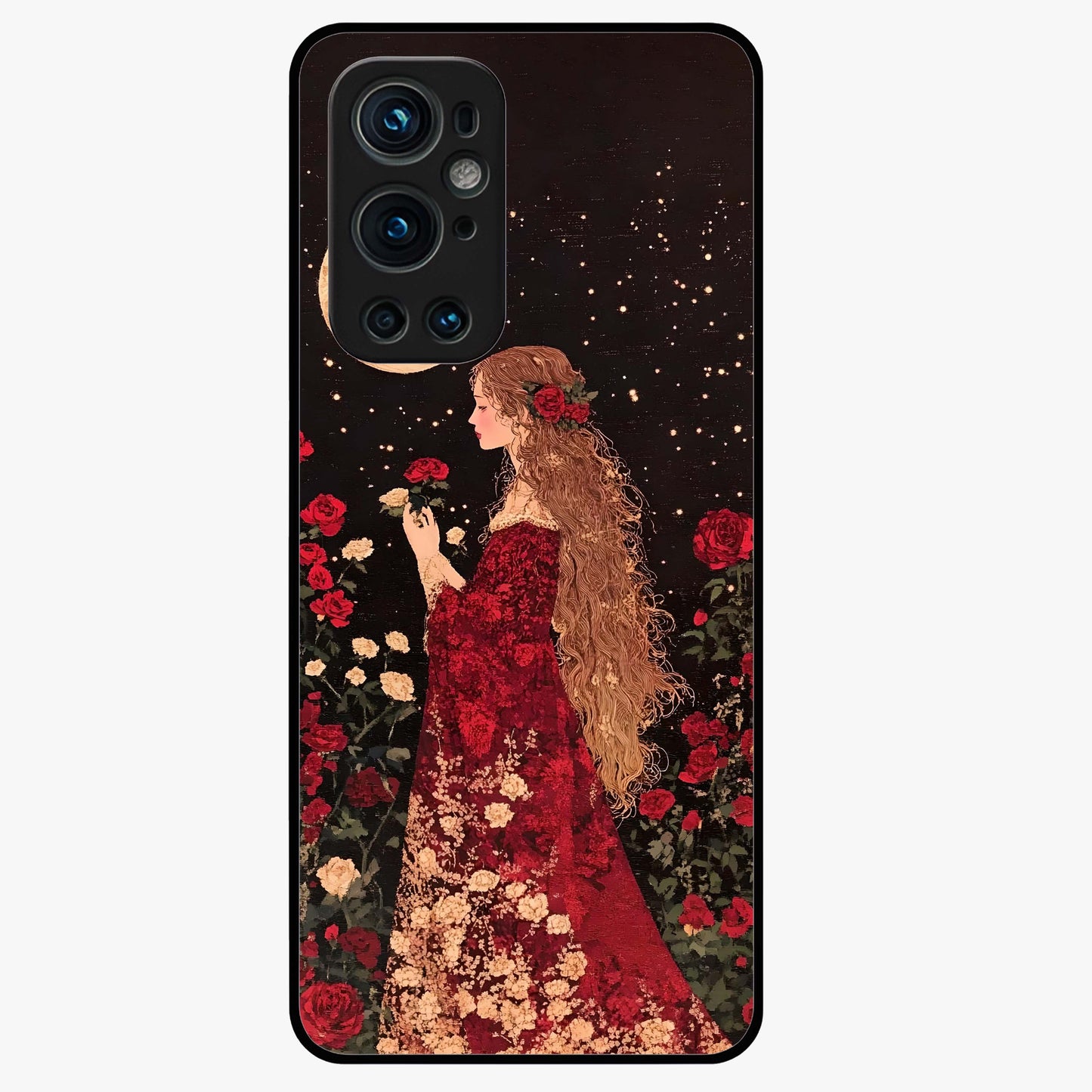 Crimson Dreams Glass Case showing flat back view with dreamy crimson artwork and glossy glass finish.