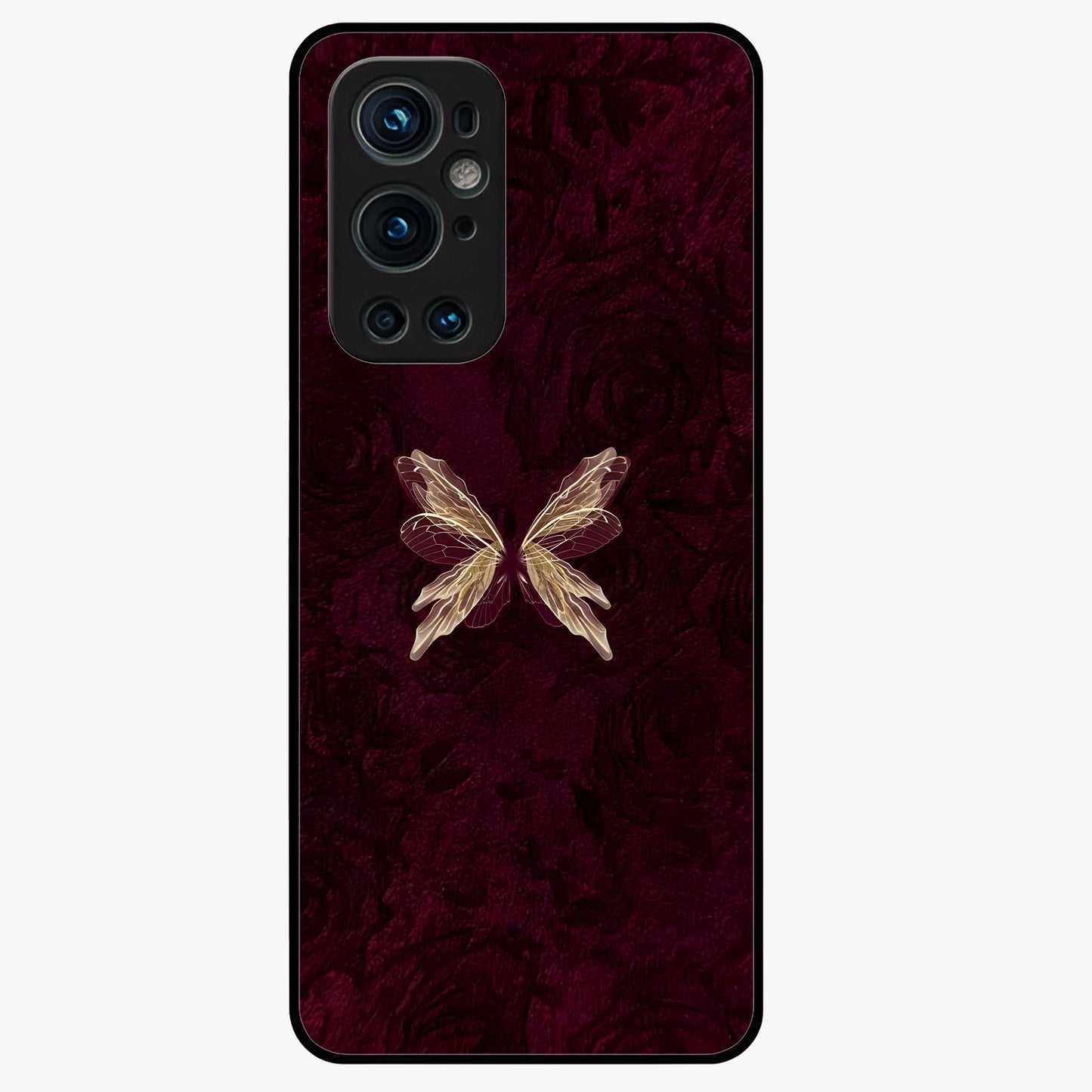 Crimson Fade Butterfly Glass Case showing flat back view with fading butterfly artwork and glossy glass finish.