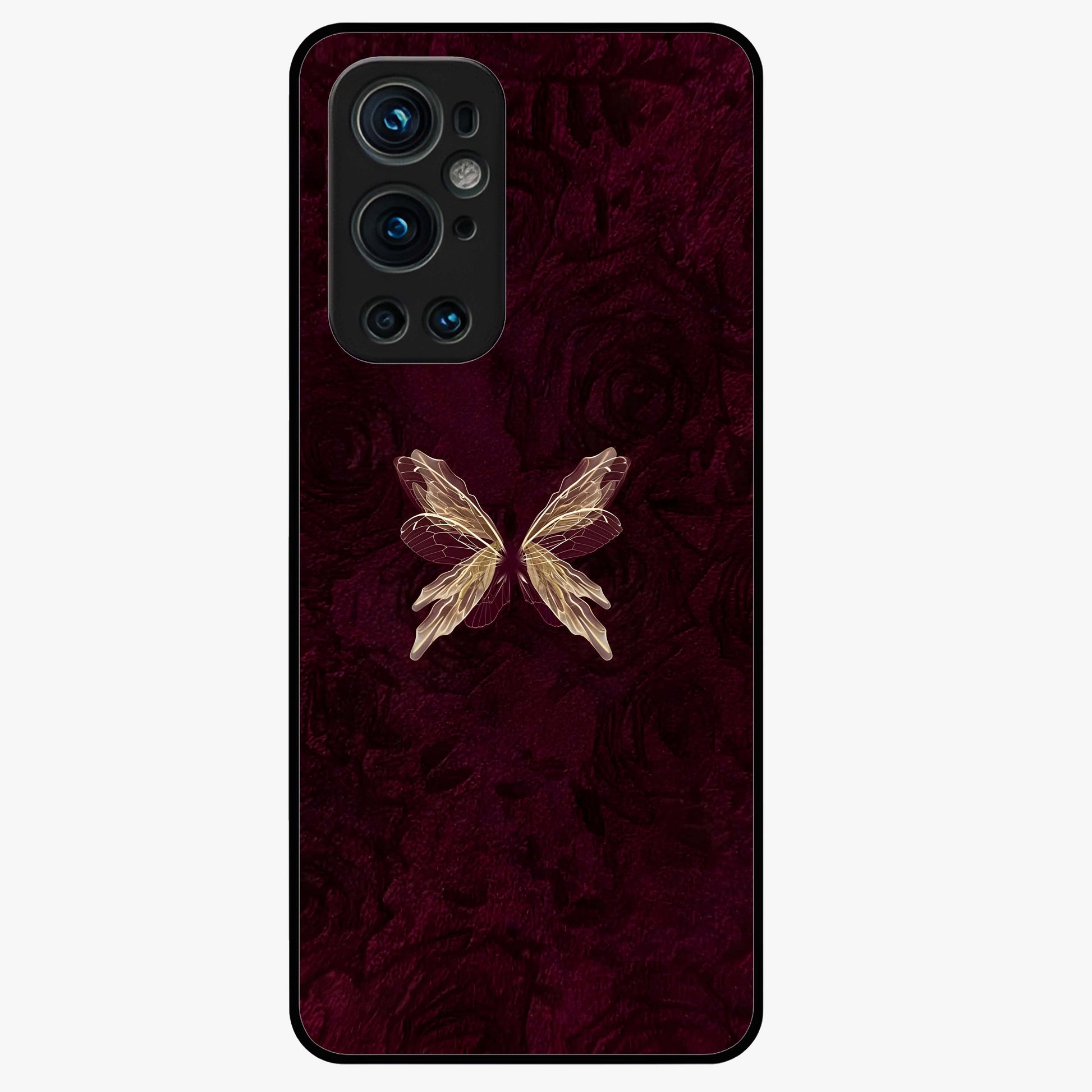 Crimson Fade Butterfly Glass Case showing flat back view with fading butterfly artwork and glossy glass finish.