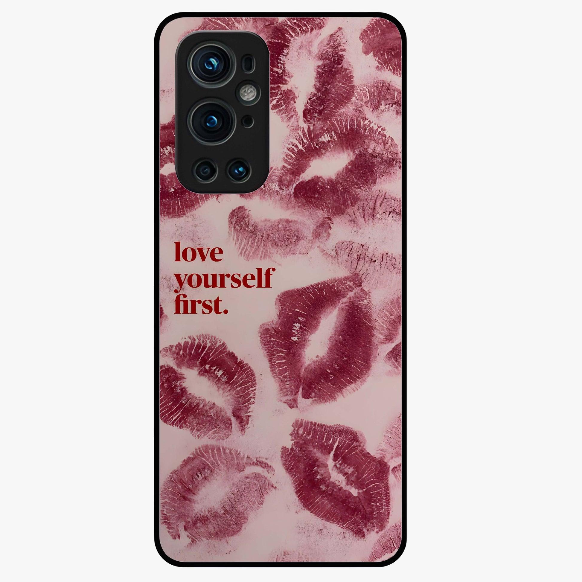 Crimson Kiss Love Glass Case showing flat back view with romantic crimson themed artwork and glossy glass finish.