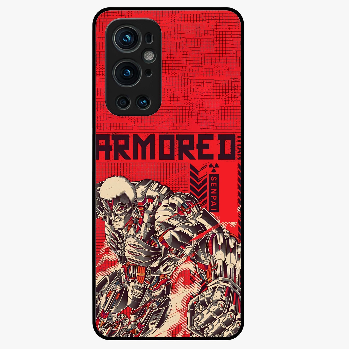 Crimson Mecha Titan Glass Case showing flat back view with powerful mech titan artwork and glossy glass finish.