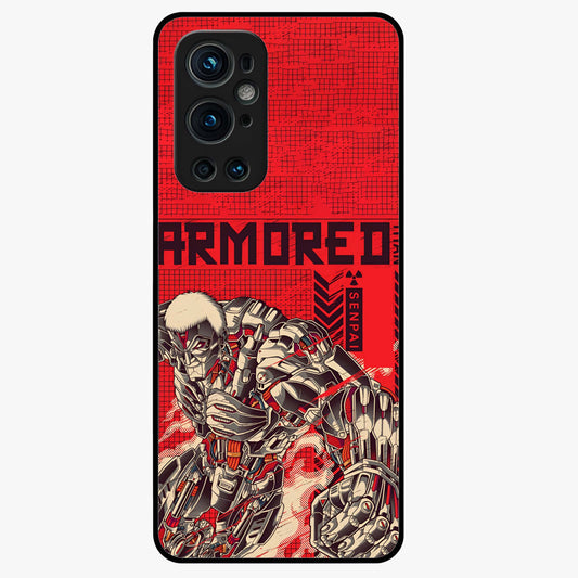 Crimson Mecha Titan Glass Case showing flat back view with powerful mech titan artwork and glossy glass finish.