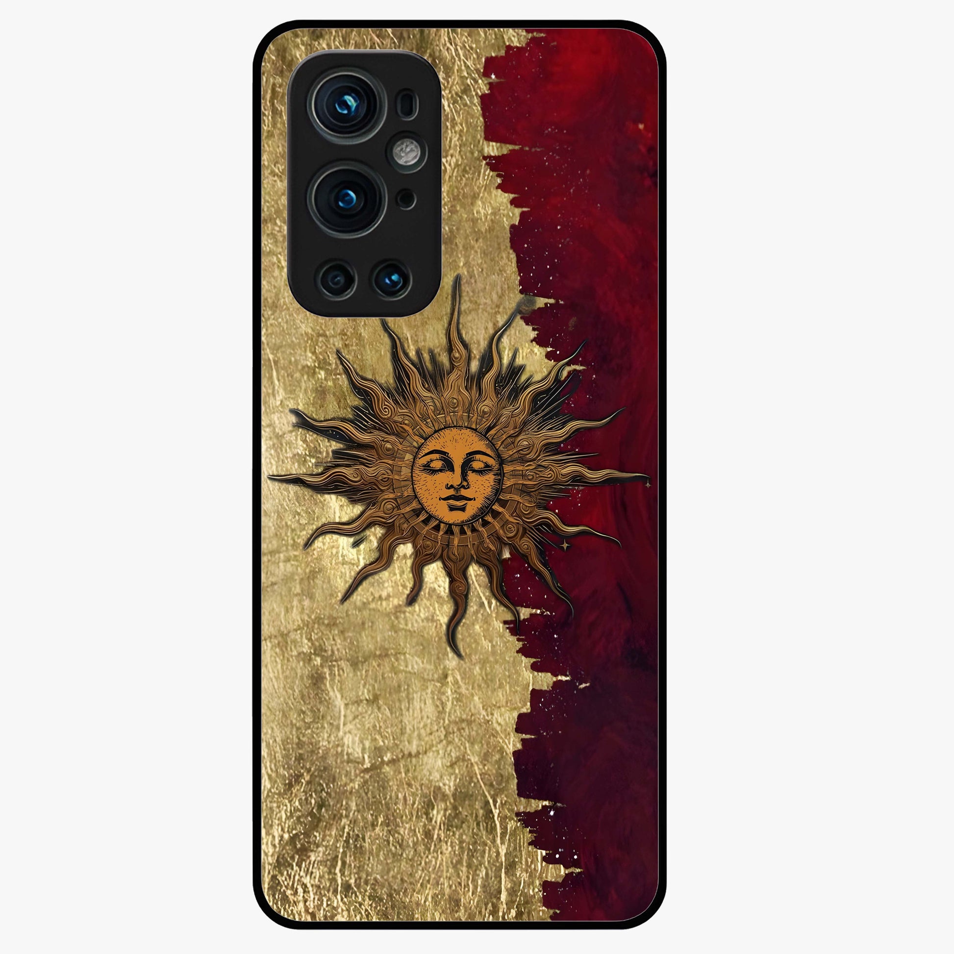 Crimson Sun Majesty Glass Case showing flat back view with radiant sun inspired artwork and glossy glass finish.