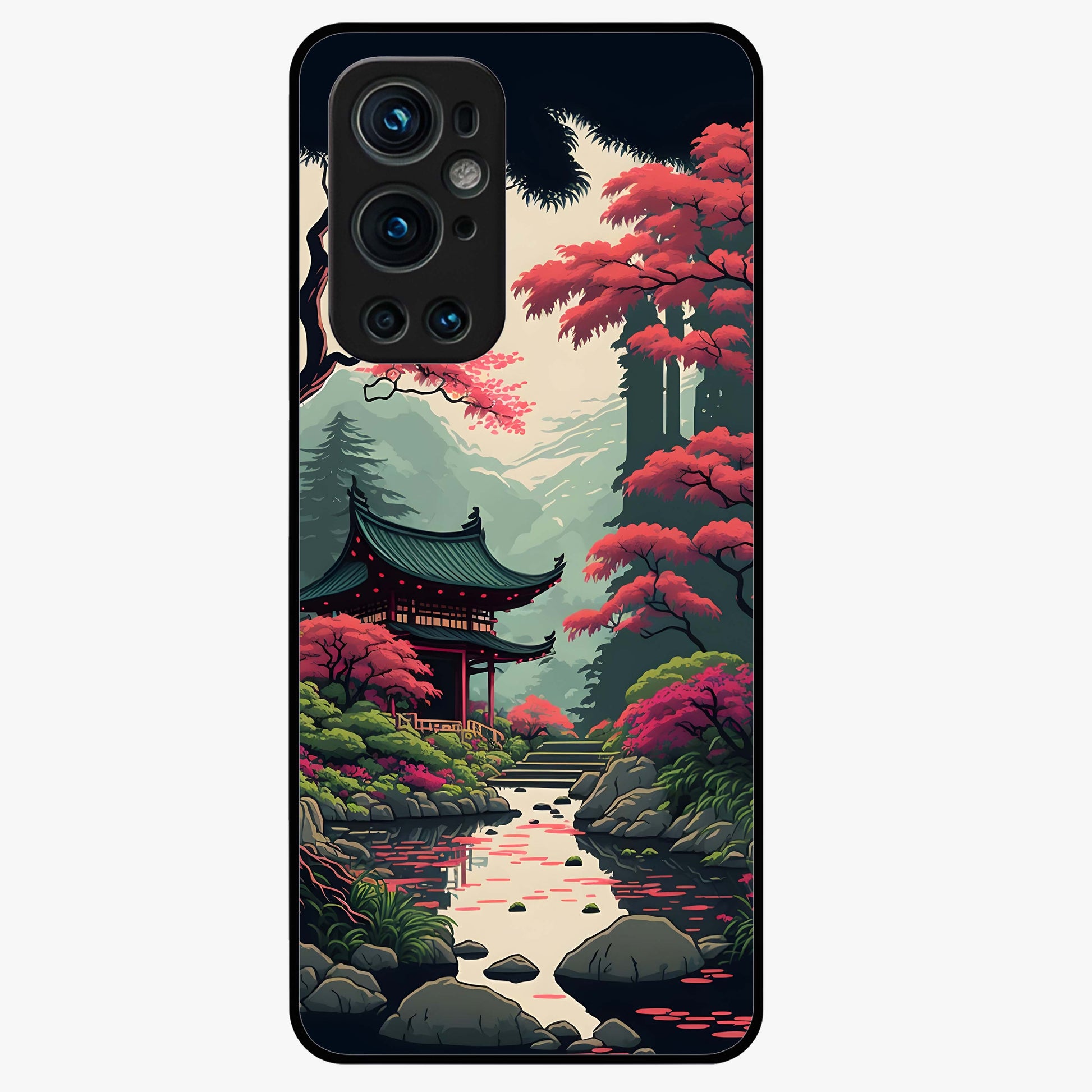 Crimson Temple View Glass Case showing flat back view with temple inspired artwork and glossy glass finish.