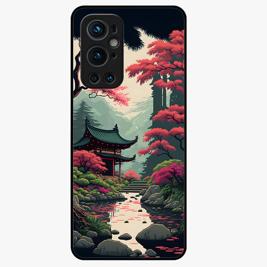 Crimson Temple View Glass Case showing flat back view with temple inspired artwork and glossy glass finish.