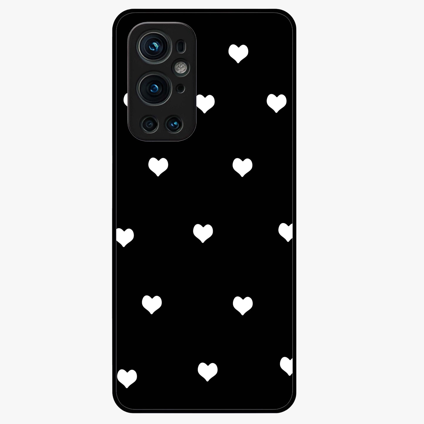 Cute And Simple White Hearts Glass Case showing flat back view with minimal white heart pattern and glossy glass finish.