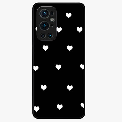 Cute And Simple White Hearts Glass Case showing flat back view with minimal white heart pattern and glossy glass finish.