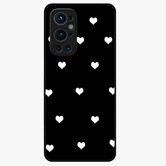 Cute And Simple White Hearts Glass Case showing flat back view with minimal white heart pattern and glossy glass finish.