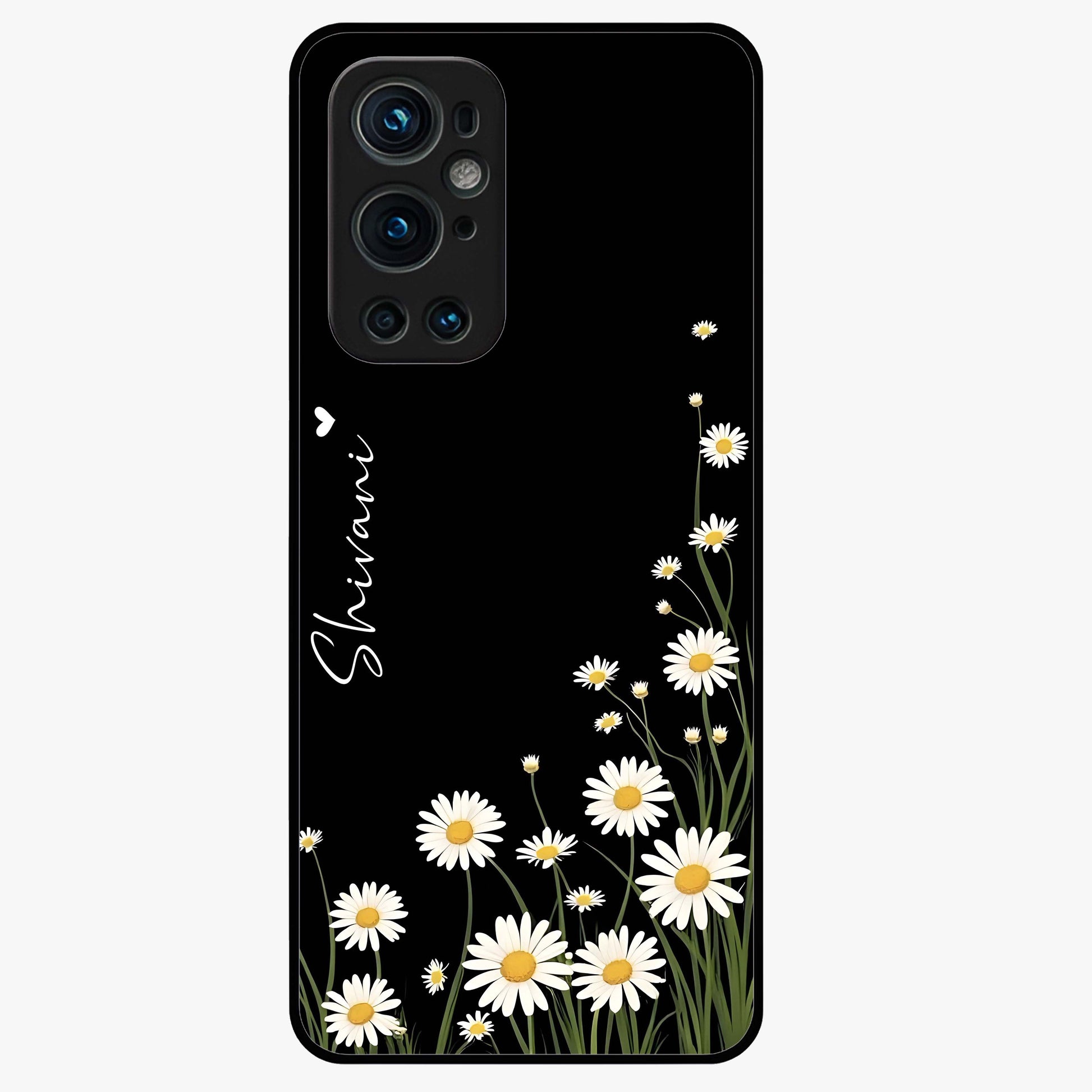 Daisy Cascade Custom Name Glass Case showing flat back view with cascading daisy flowers and personalized name design.