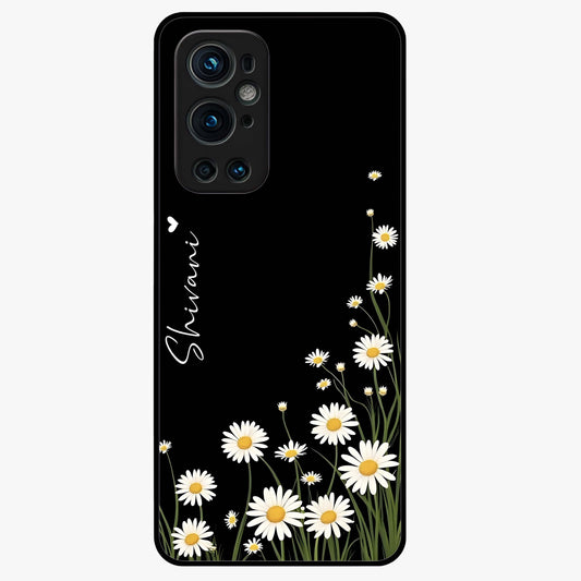 Daisy Cascade Custom Name Glass Case showing flat back view with cascading daisy flowers and personalized name design.