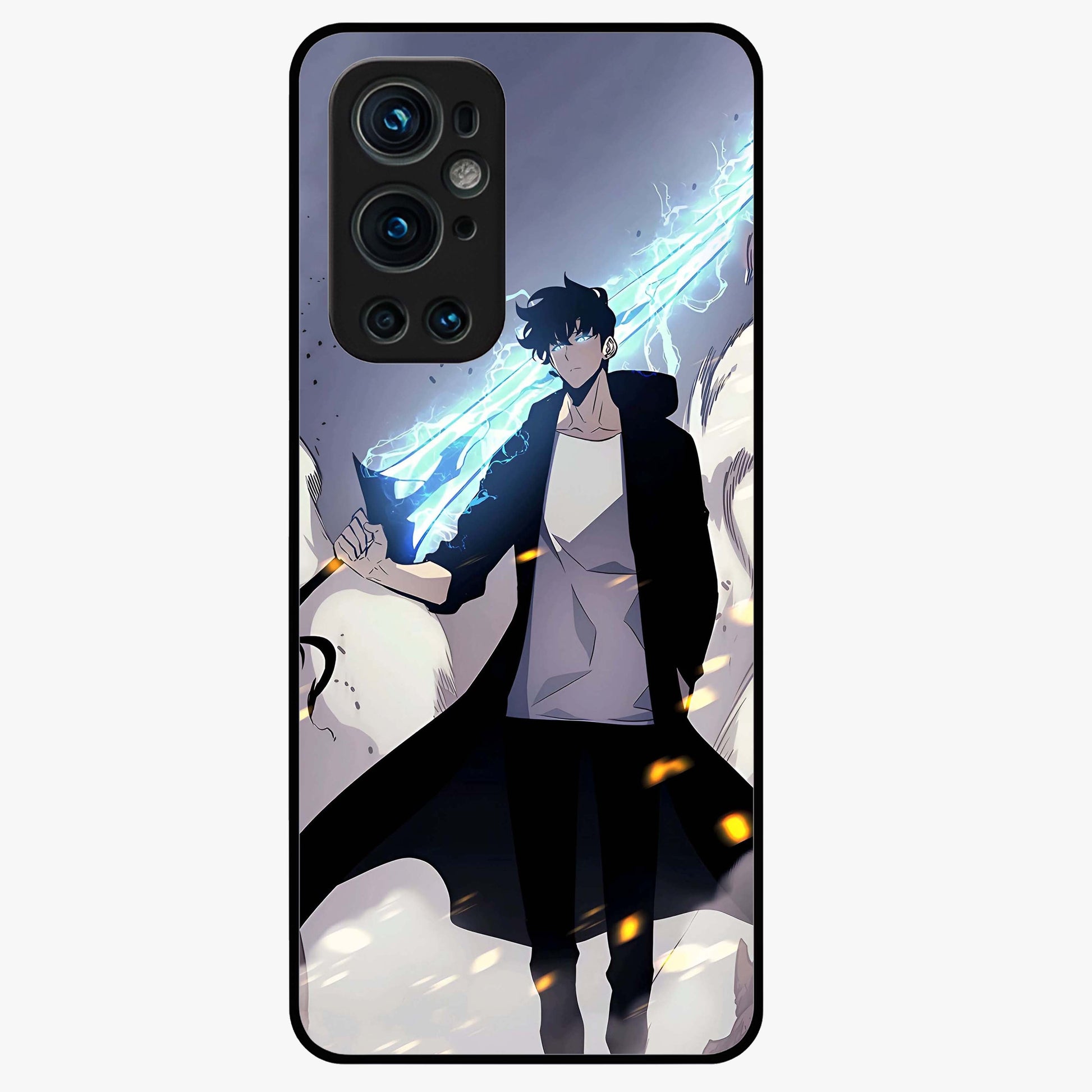 Dark Lightning Anime Warrior Glass Case showing flat back view with intense anime warrior artwork and glossy glass finish.