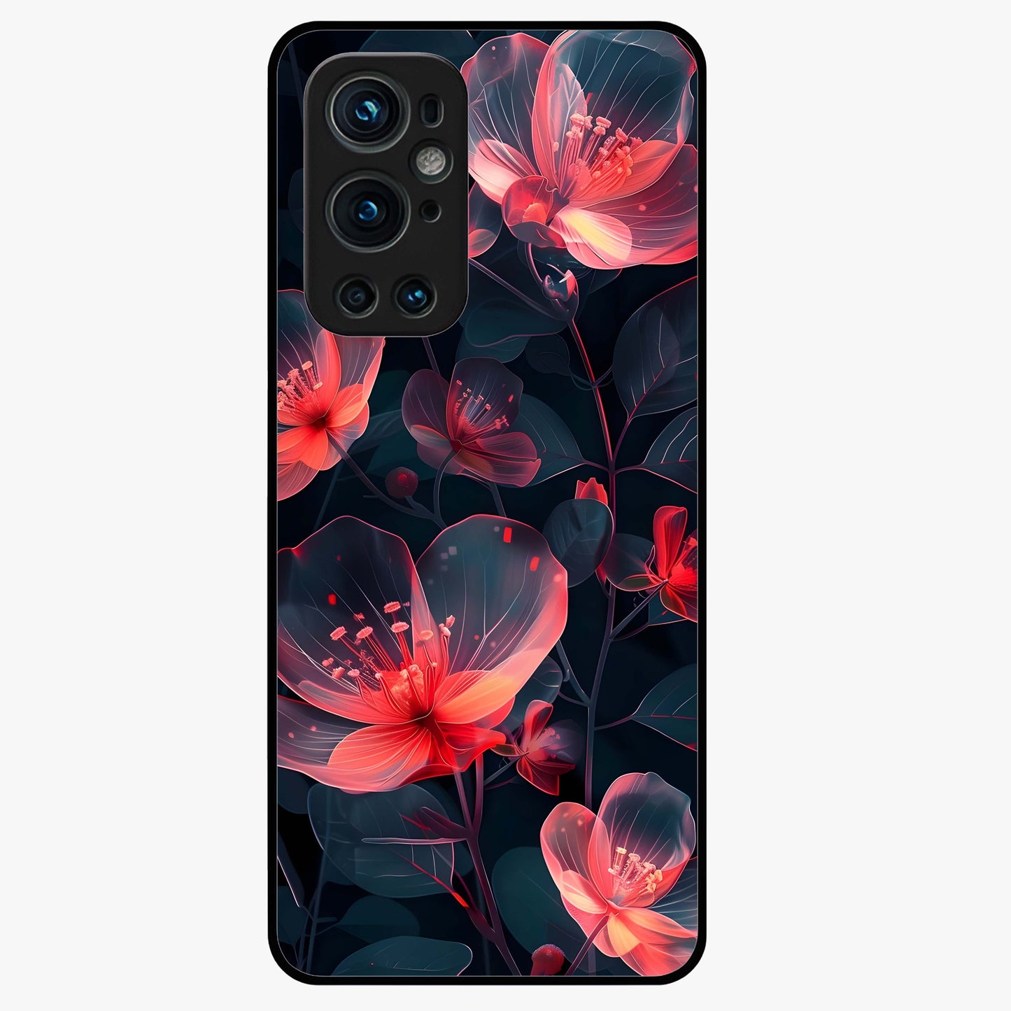 Dark Shade of Flower Glass Case showing flat back view with elegant dark floral artwork and glossy glass finish.