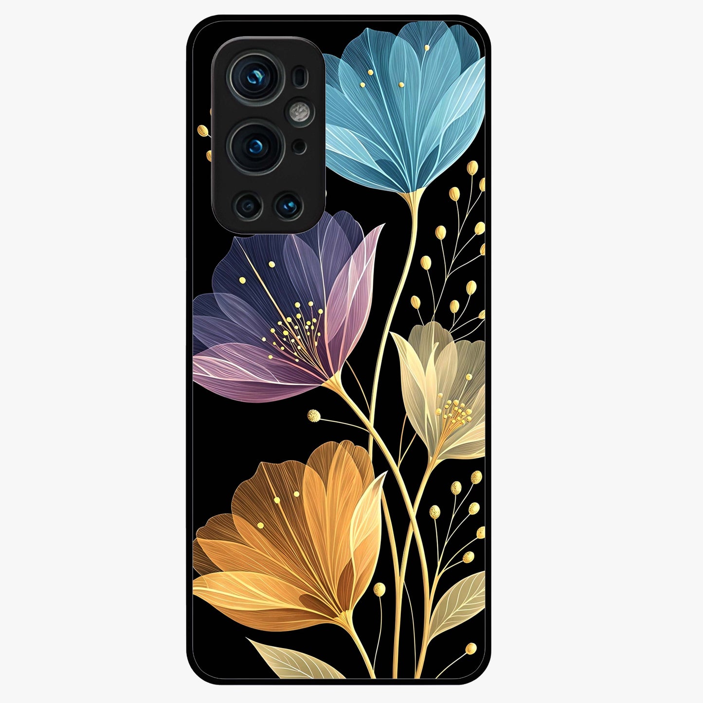 Delicate Multicolor Flowers Glass Case showing flat back view with vibrant floral artwork and glossy glass finish.