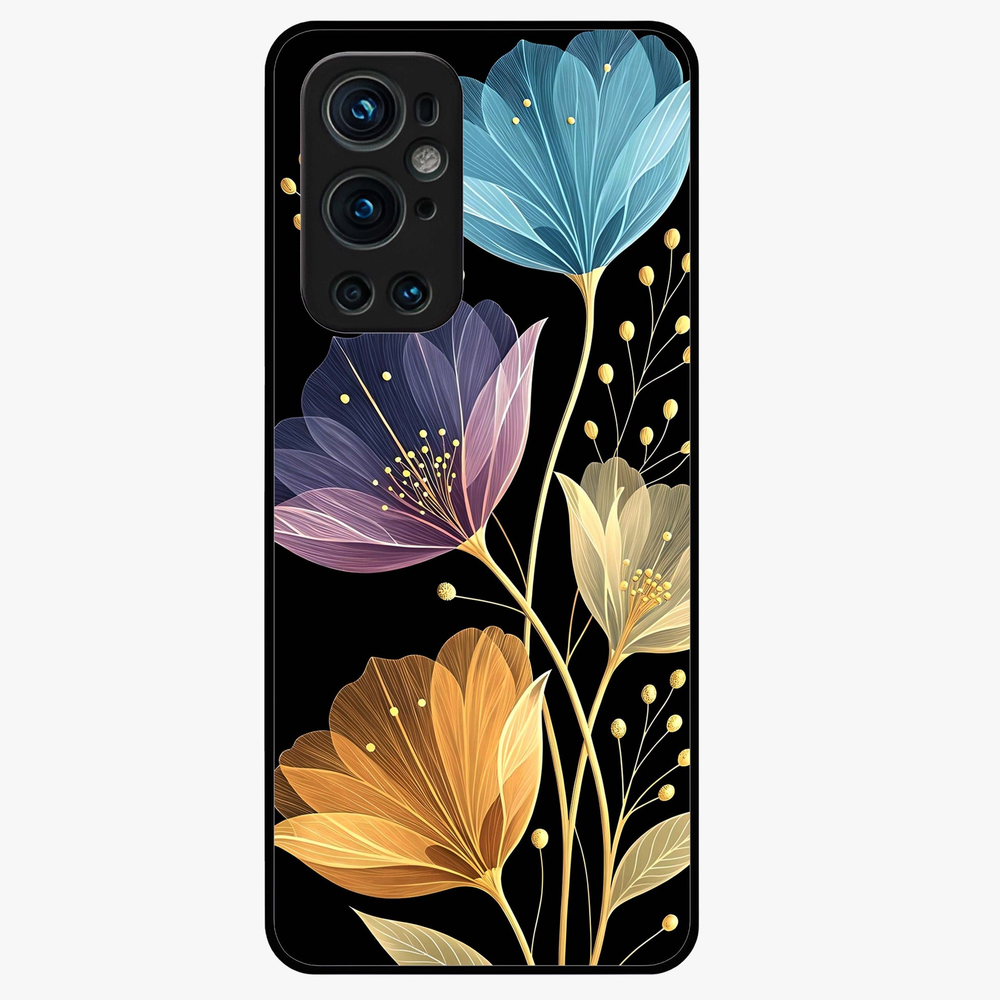 Delicate Multicolor Flowers Glass Case showing flat back view with vibrant floral artwork and glossy glass finish.