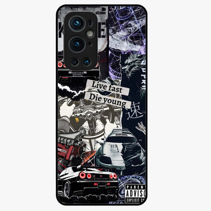 Die Young Glass Case showing flat back view with bold artistic typography design and glossy glass finish.