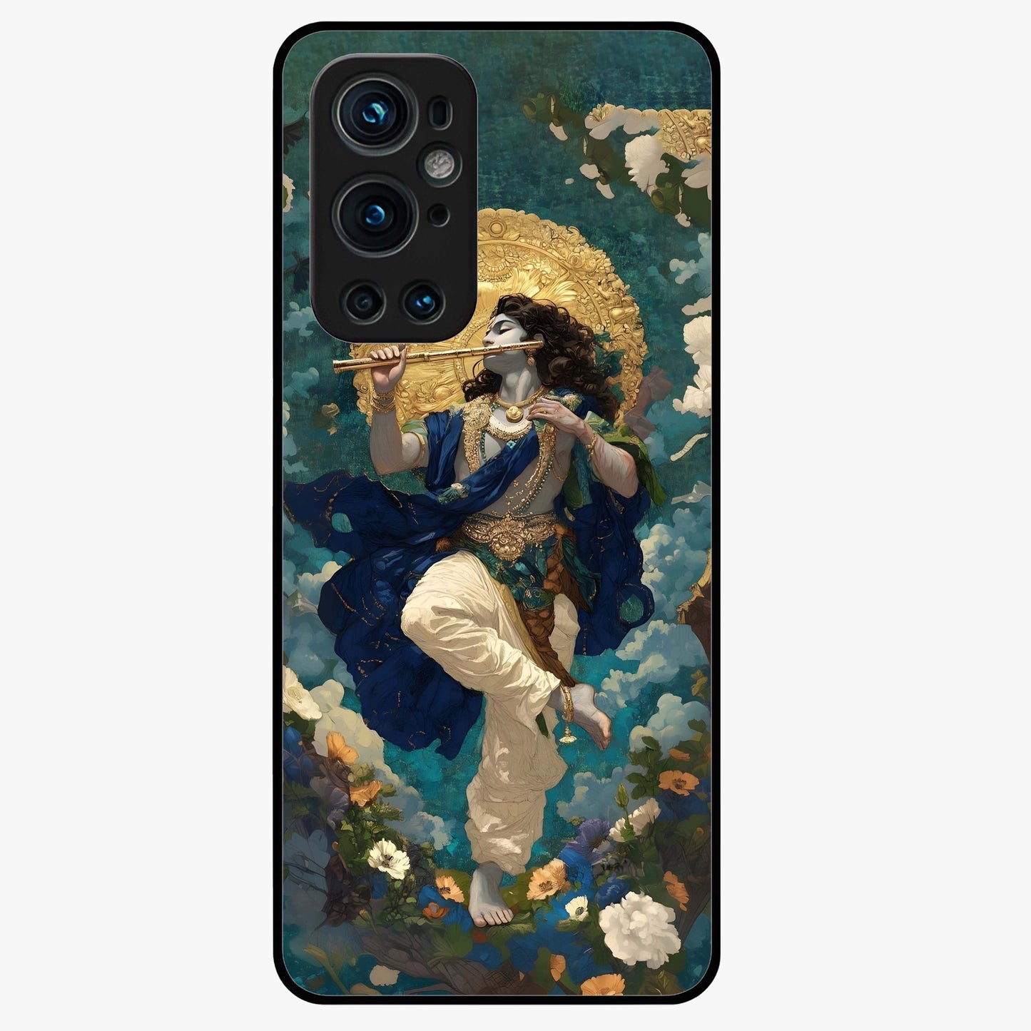 Divine Krishna Art Glass Case showing flat back view with Lord Krishna artwork and glossy glass finish.