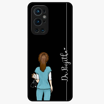 Doctor Pattern Custom Name Glass Case showing flat back view with medical themed pattern and personalized name design.