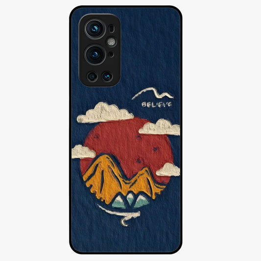 Dream Beyond Mountains Glass Case showing flat back view with scenic mountain landscape artwork and glossy glass finish.