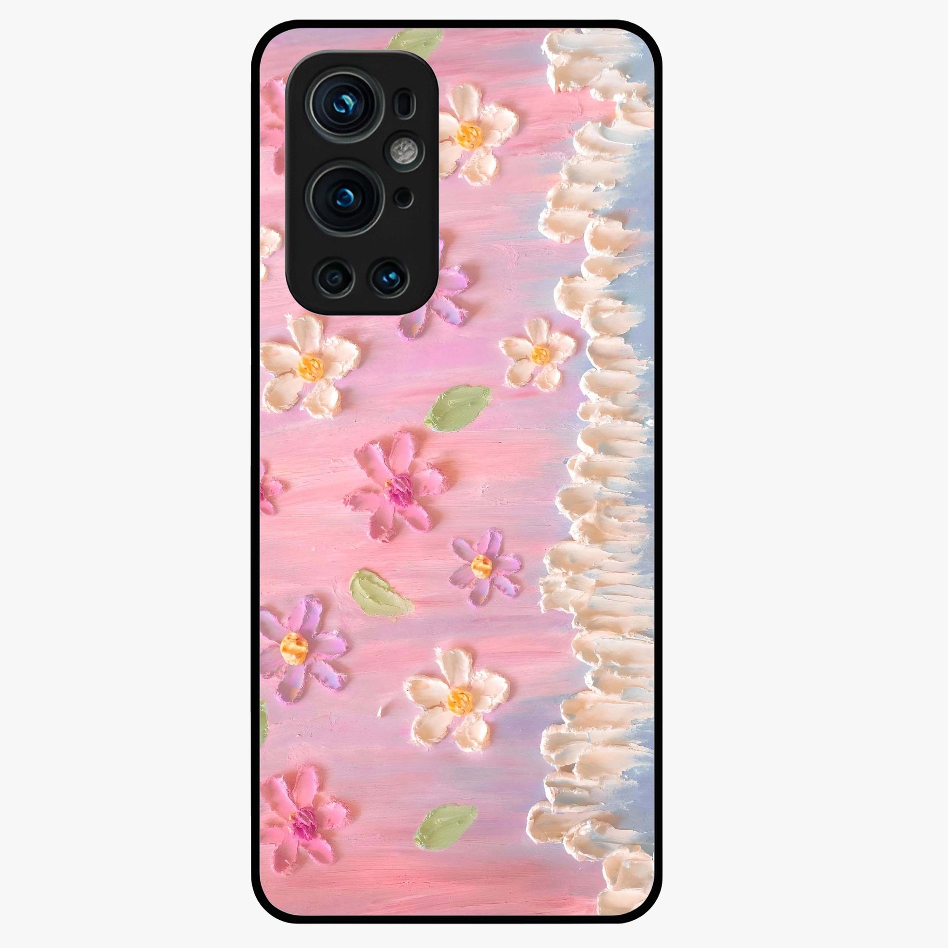 Dreamy Painted Garden Glass Case showing flat back view with artistic painted floral garden artwork and glossy glass finish.