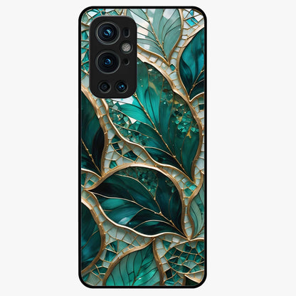 Emerald Leaf Glass Glass Case showing flat back view with emerald green leaf artwork and glossy glass finish.