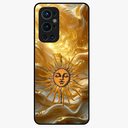 Eternal Golden Glow Glass Case showing flat back view with radiant golden themed artwork and glossy glass finish.