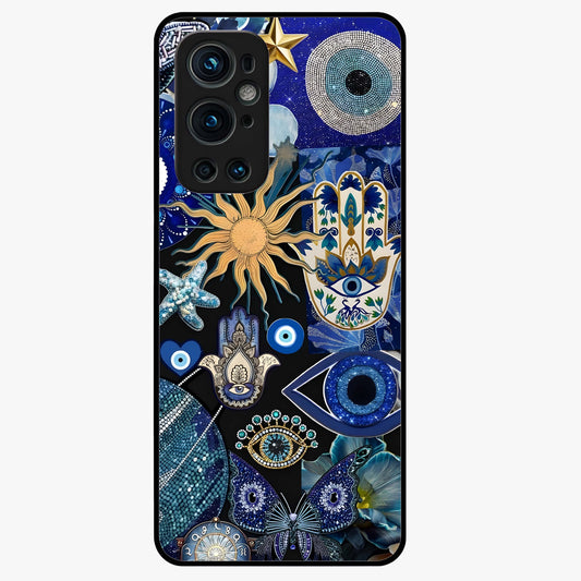 Evil Eye Charm Mix Glass Case showing flat back view with multiple evil eye charms artwork and glossy glass finish.